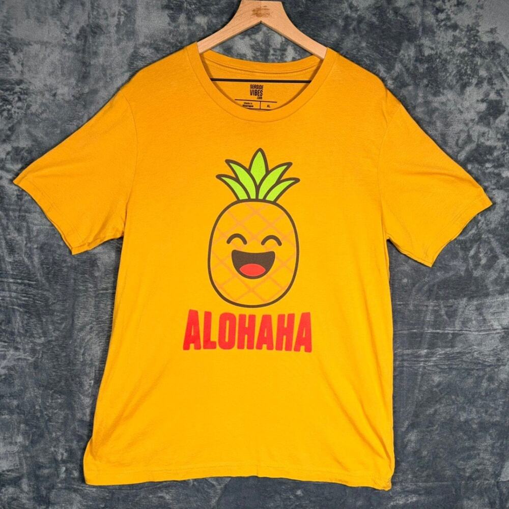 Seaside Vibes Mens T-Shirt‎ XL Yellow Alohaha Pineapple Graphic Tee 100% Cotton